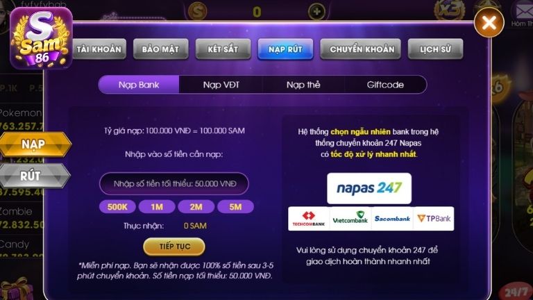 Câu hỏi về Sam86 liên quan tới nạp/rút
