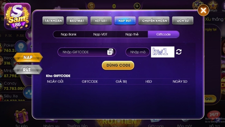 Hướng dẫn nạp tiền Sam86 bằng Giftcode