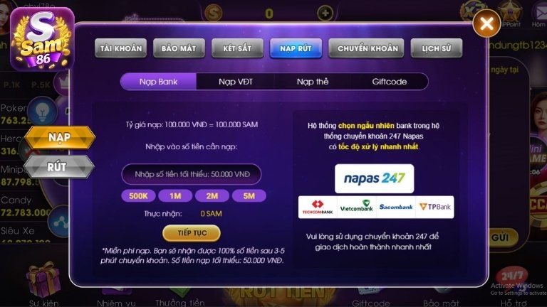 Hướng dẫn nạp tiền Sam86 qua Ngân hàng(Bank)