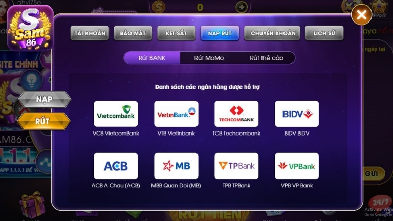 Hướng dẫn rút tiền Sam86 qua Bank