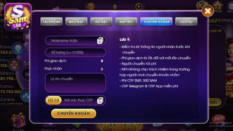 Hướng dẫn rút tiền Sam86 qua chuyển khoản nội bộ