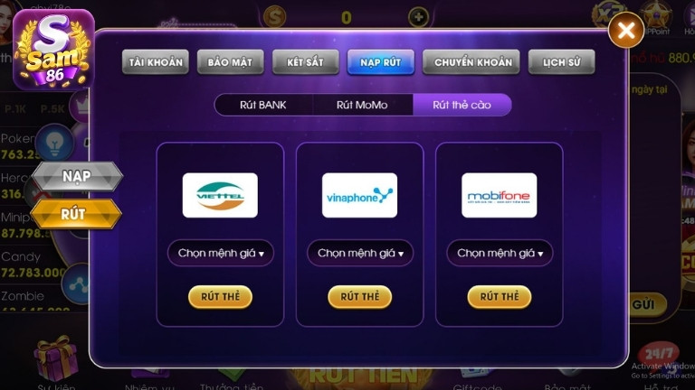 Hướng dẫn rút tiền Sam86 qua thẻ cào điện thoại