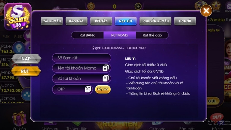 Hướng dẫn rút tiền Sam86 qua ví điện tử MoMo