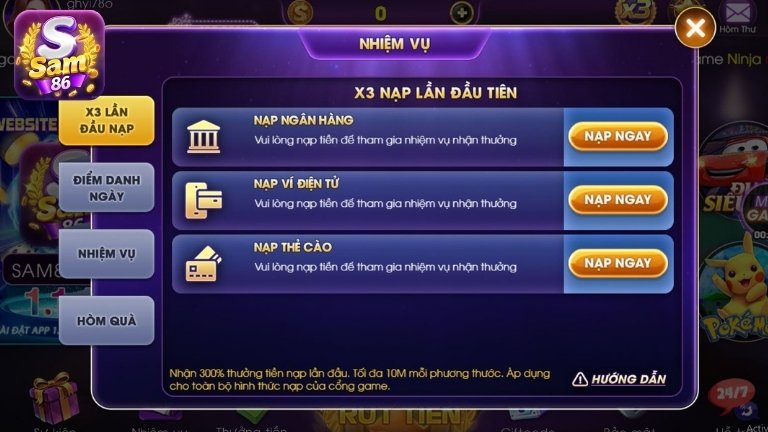 Khuyến mãi Sam86 nạp lần đầu – Nhân 3 giá trị, nhận thưởng cực khủng