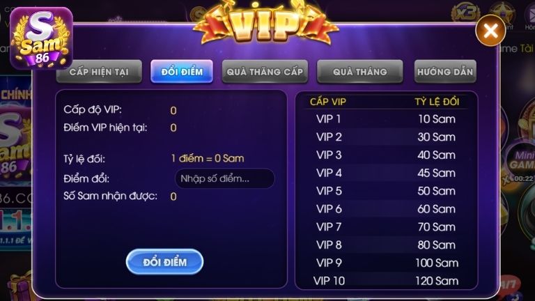 Tỷ lệ đổi cấp VIP sang Sam có sự khác biệt với từng cấp độ