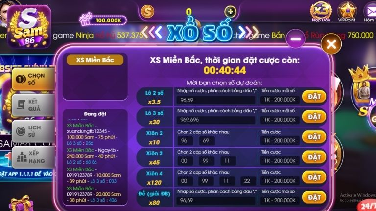 Xổ số Sam86 tích hợp đầy đủ các phương thức đặt cược